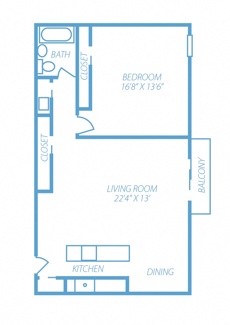 Floor plan for 1 bed, 1 bath, 786 sqft